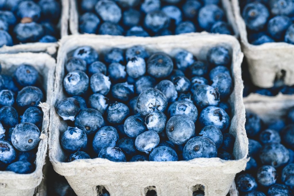 close up photo of several cardboard cartons of fresh blueberries