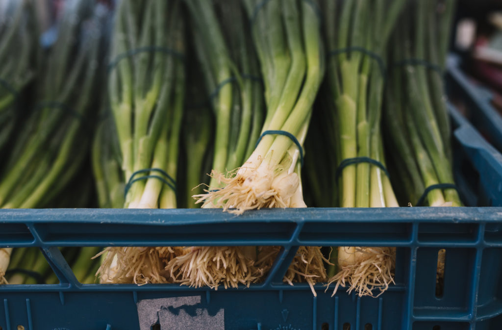 bunches of green onions in blue grocery crate